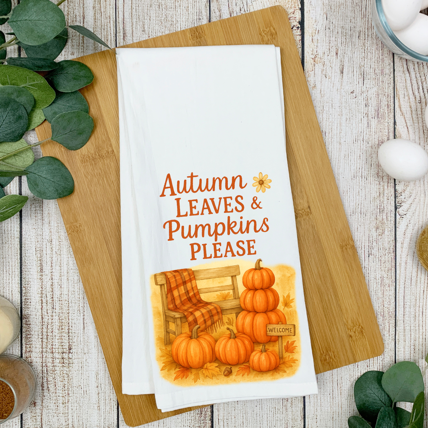 Autumn Leaves and Pumpkins Please Kitchen Tea Towel