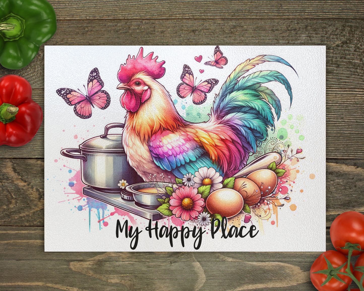 My Happy Place Rooster Glass Cutting Board