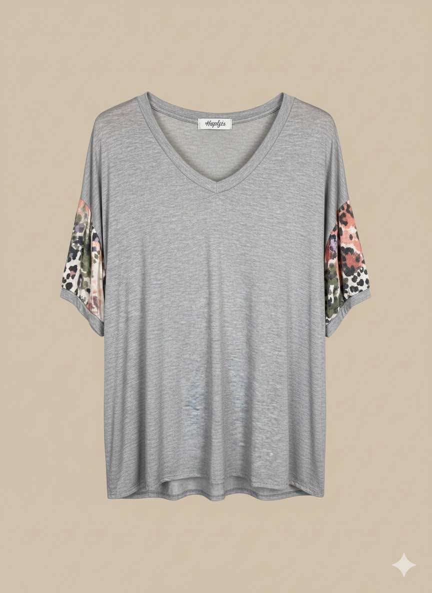 GREY VNECK TOP WITH LEOPARD SLEEVES