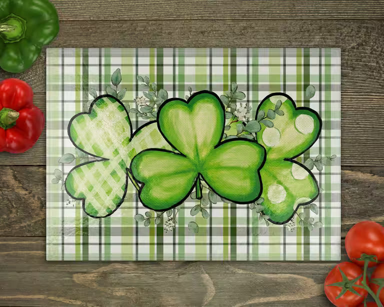 Plaid Clover Shamrock Glass Cutting Board
