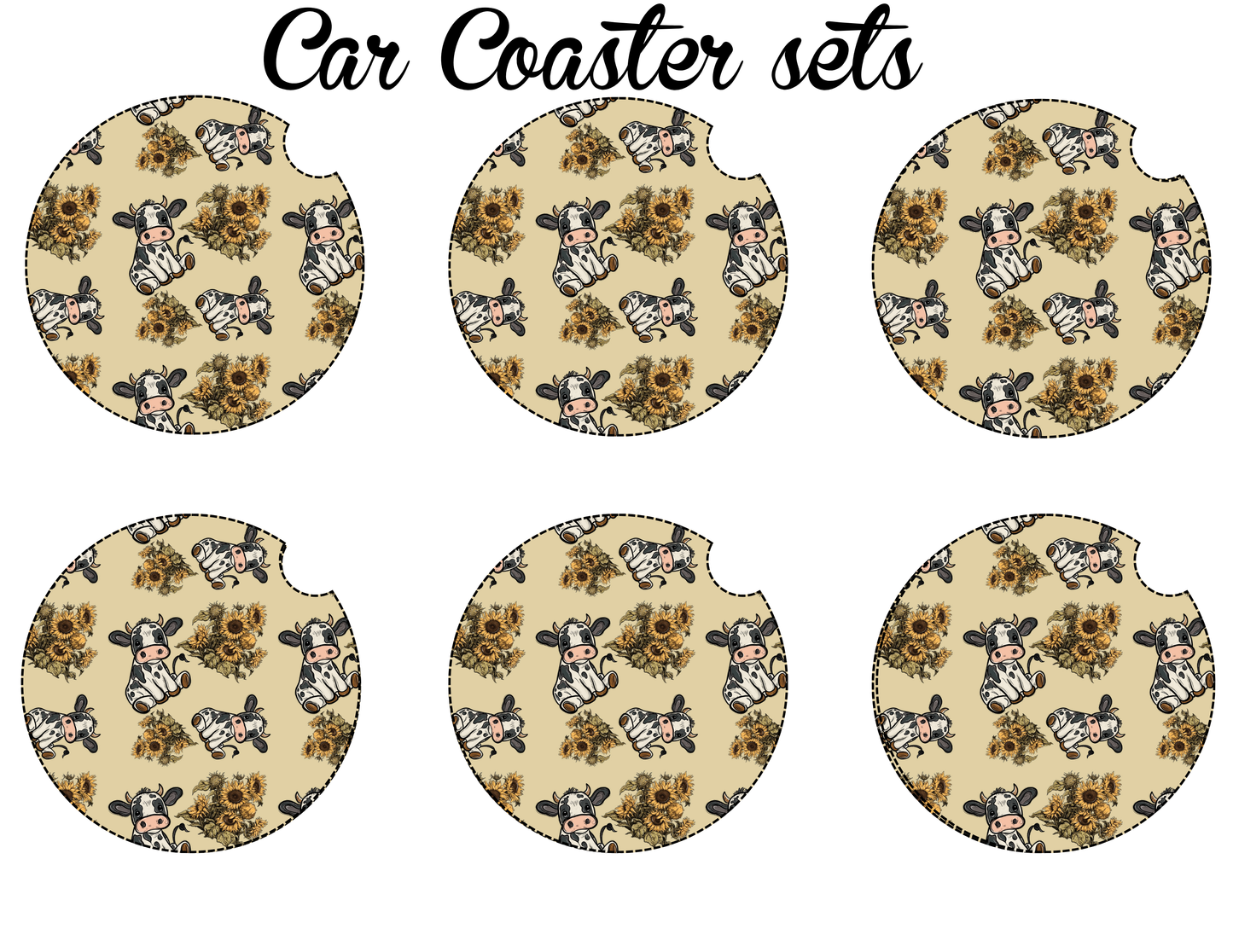 Cows and sunflowers car coaster set