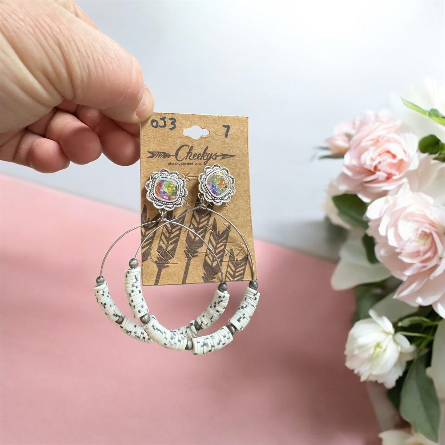 WHITE AND GREY CLAY HOOPS WITH AB
