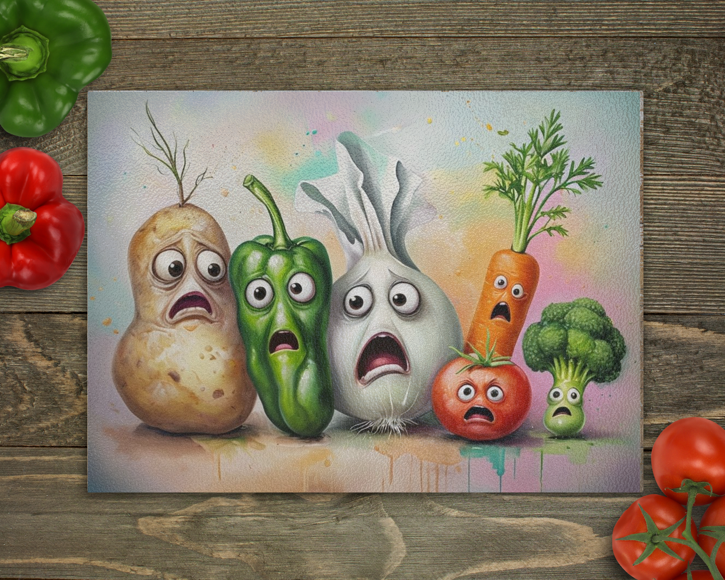 Scared Vegetables Glass Cutting Board
