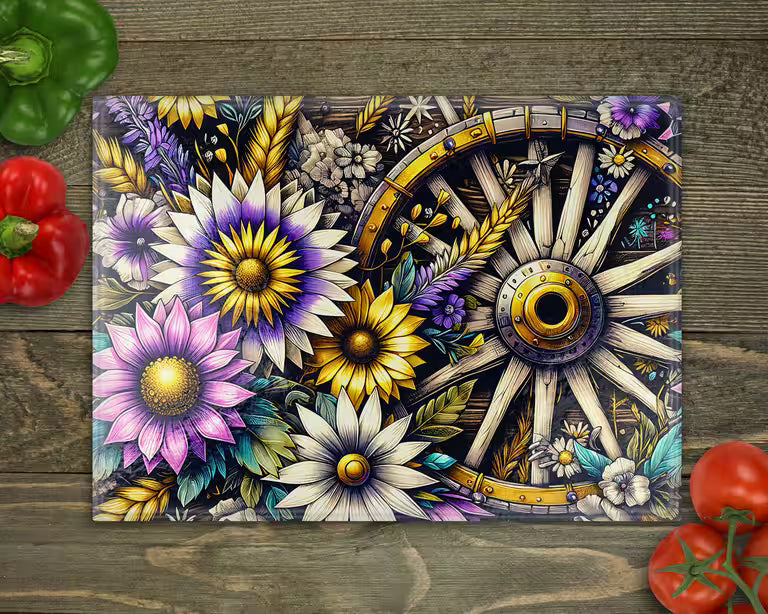 Wagon Wheel Floral Glass Cutting Board