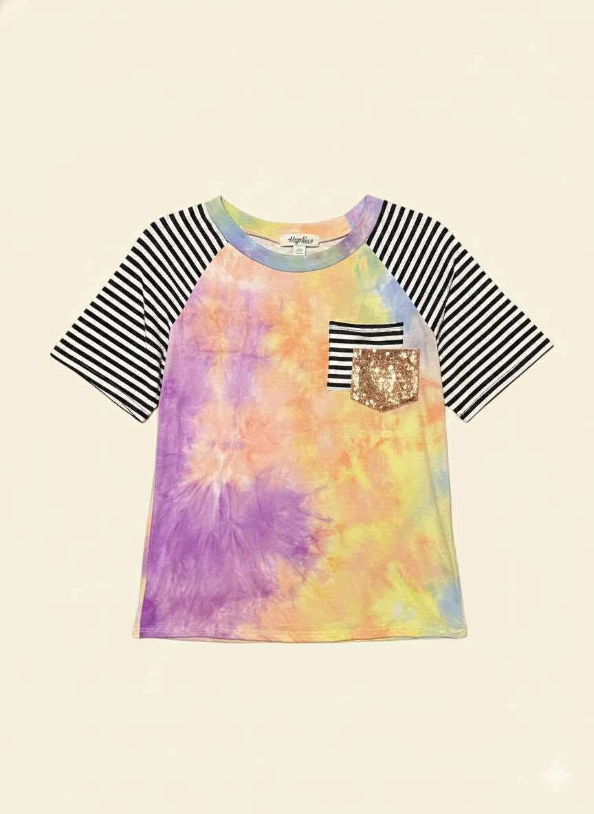 TIE DYE TOP WITH STRIPED SLEEVES