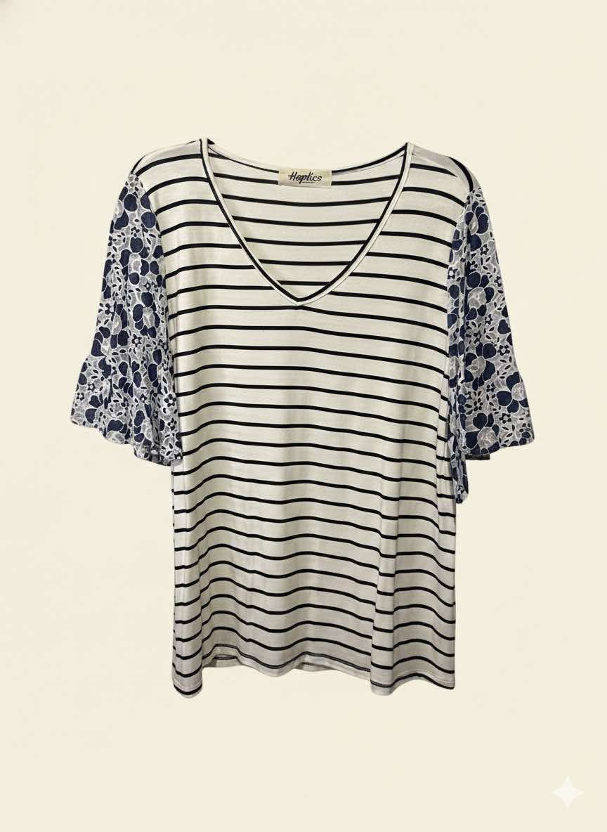 STRIPED V NECK TOP WITH TEXTURED FLORAL SLEEVES - PLUS SIZE