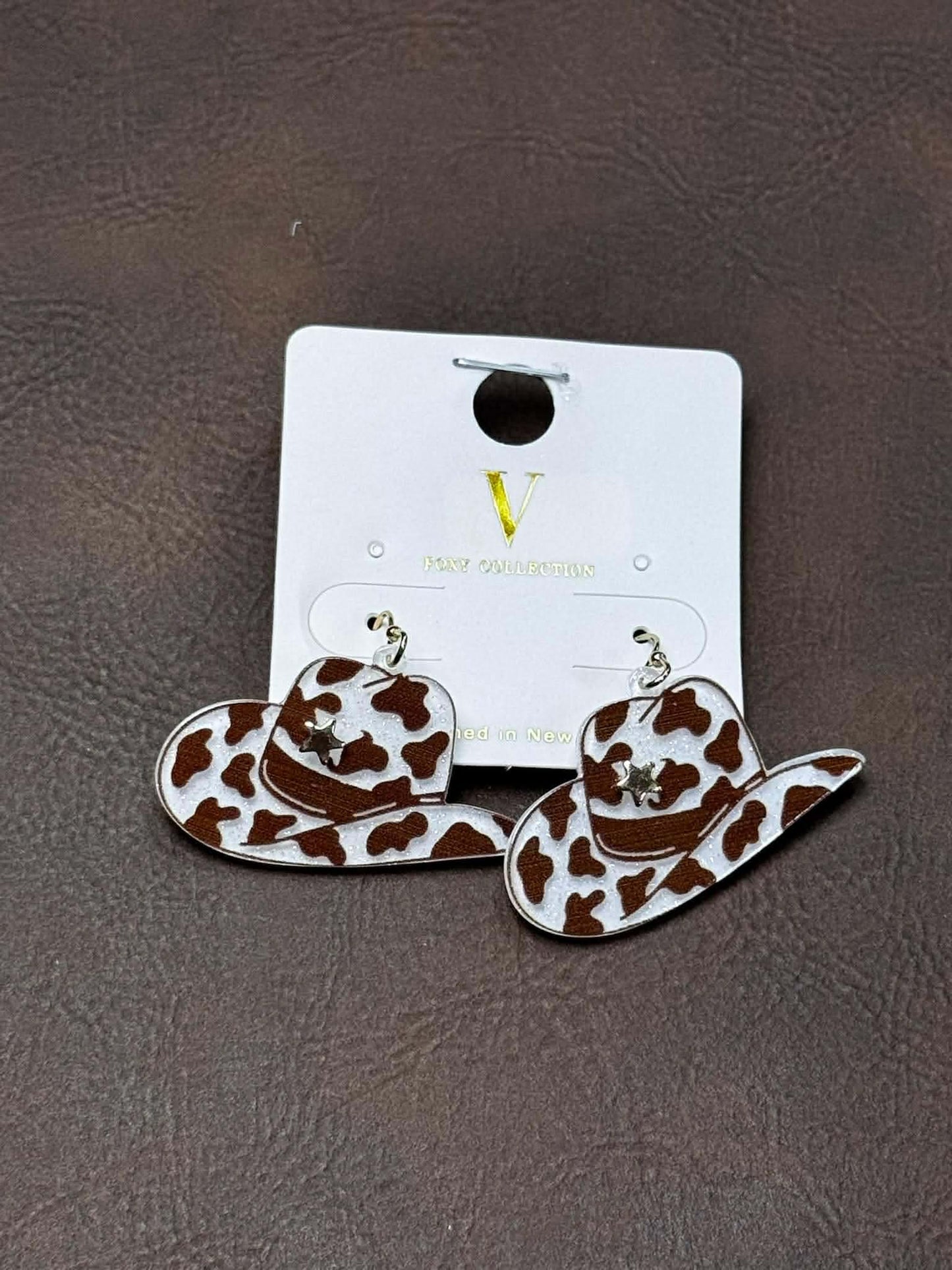 COW PRINT COWBOY HAT EARRINGS
