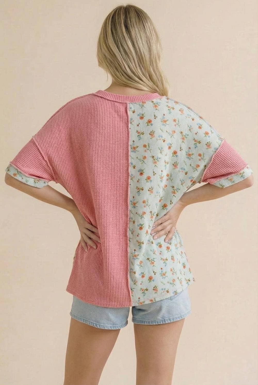 Plus Floral Ribbed Color Block Patchwork Top
