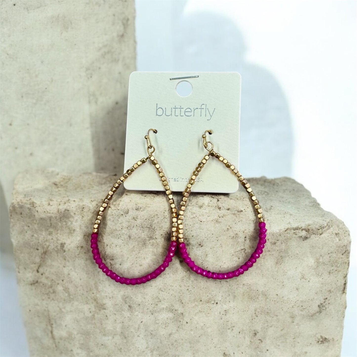HOT PINK AND GOLD BEADED TEAR DROP EARRINGS