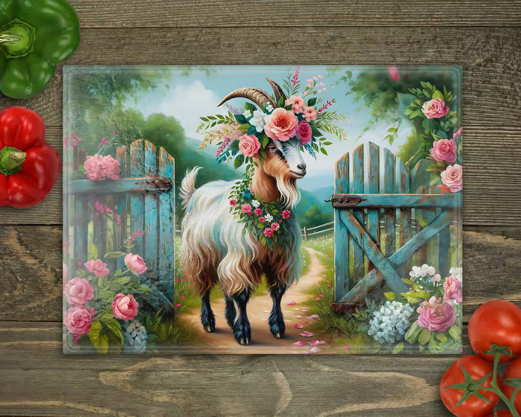 Whimsical Goat Glass Cutting Board