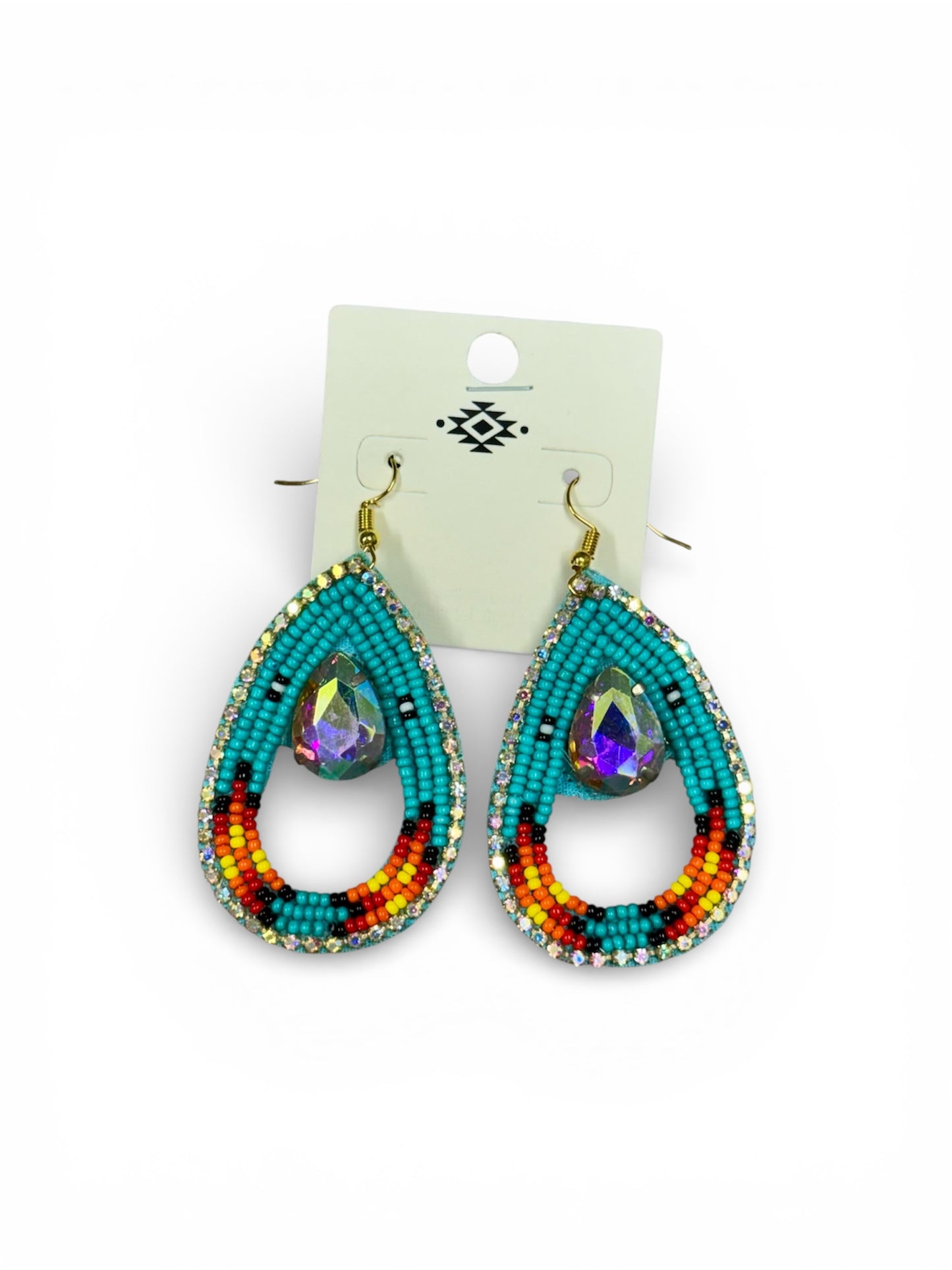 TEAR DROP SEED BEAD EARRINGS WITH LARGE AB STONE