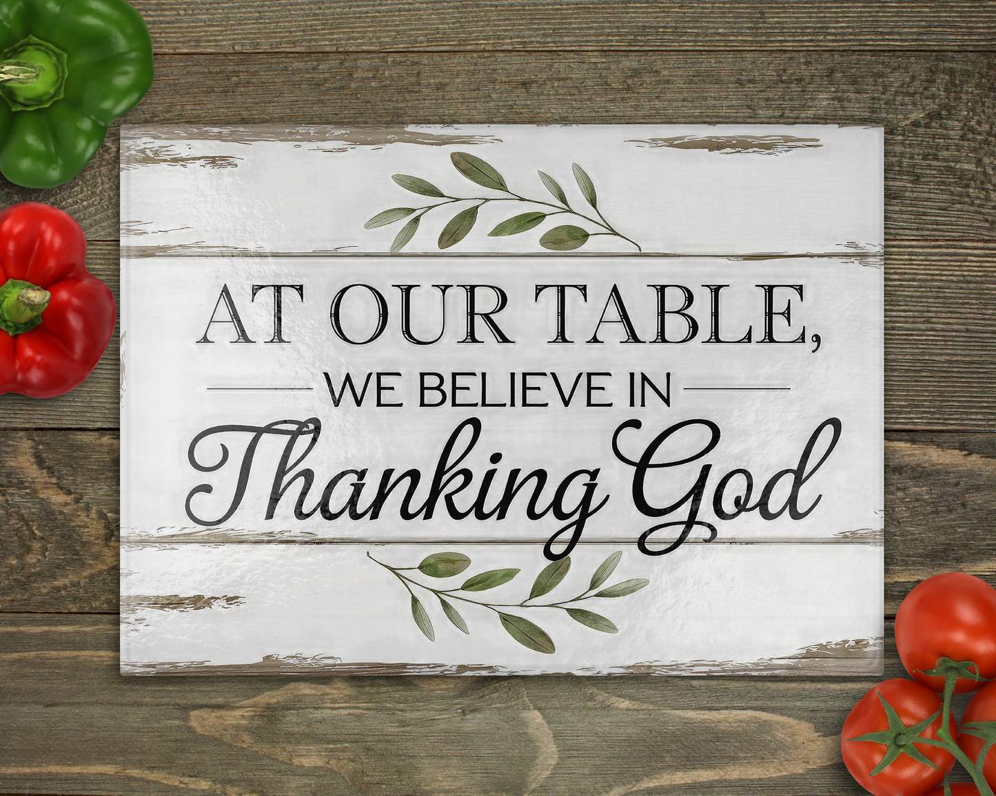 At our table thanking God Glass Cutting Board