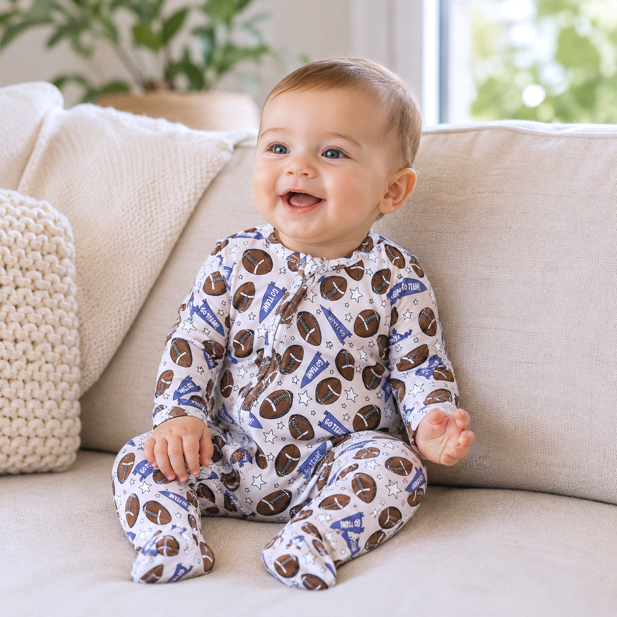 Bamboo Zipper Baby Romper β Football Fun & Comfort