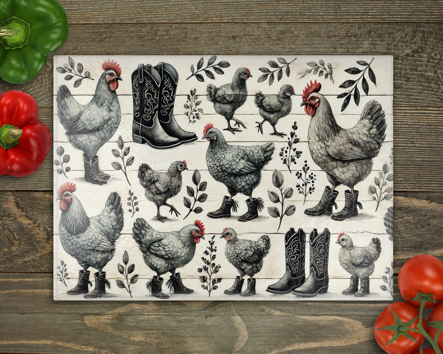 Chickens Boots Glass Cutting Board
