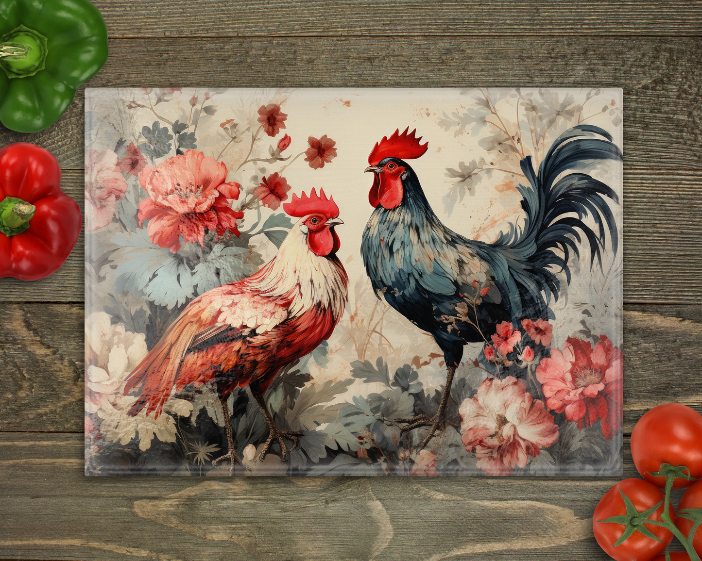 Christmas Roosters Glass Cutting Board