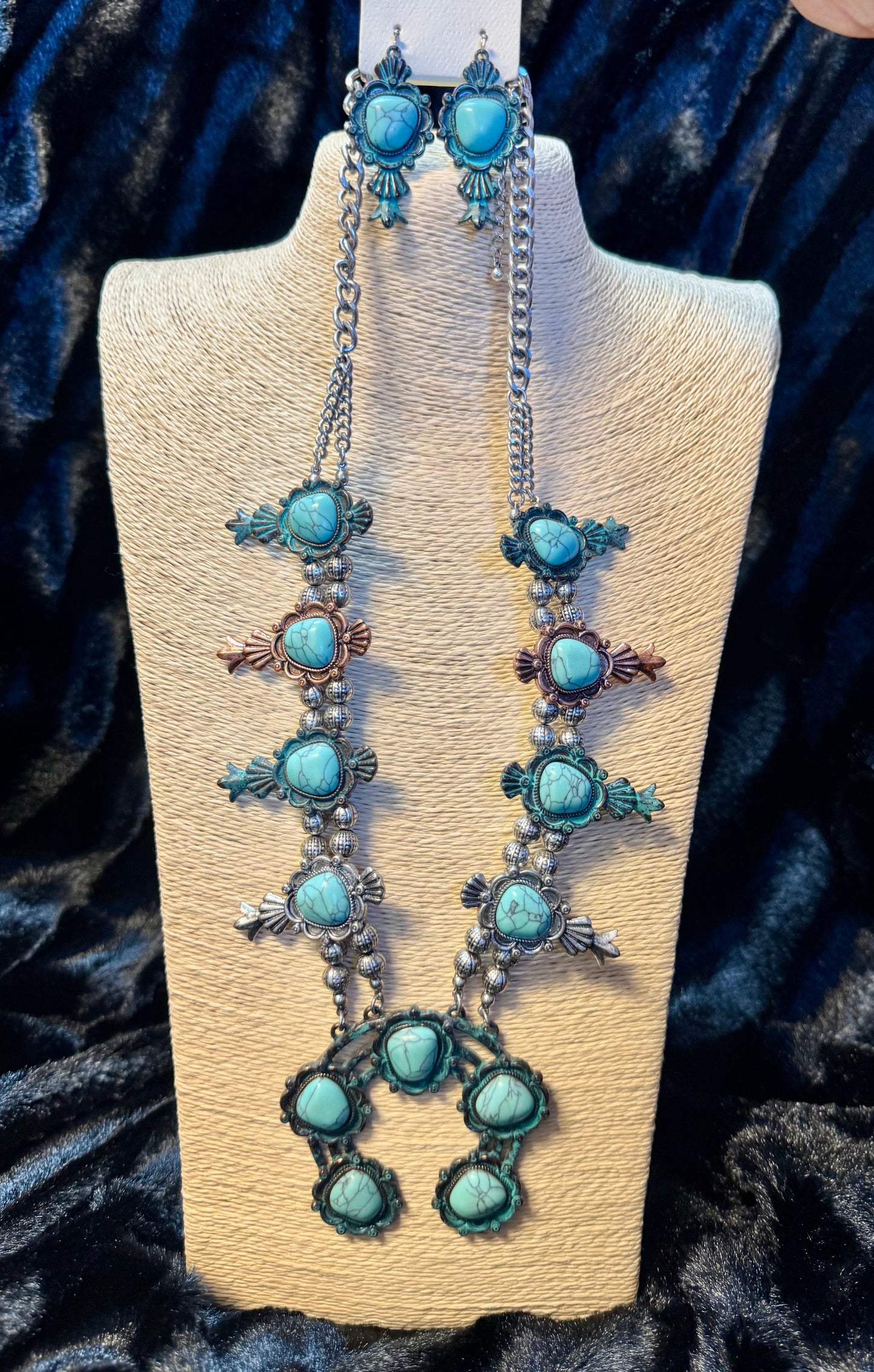 TURQUOISE STONE, PETINA, COPPER AND SILVER NECKLACE AND EARRING SET