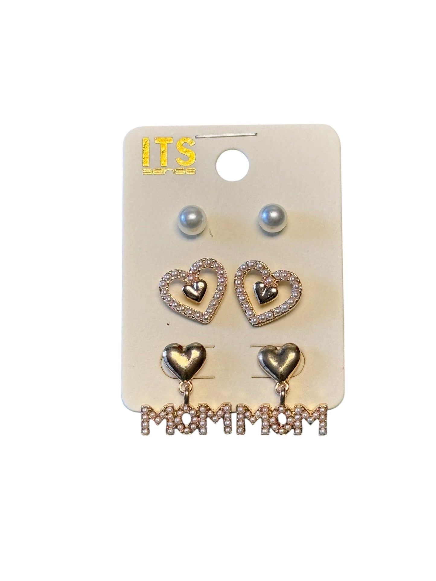 SET OF 3 EARRINGS, FAUX PEARLS, FAUX PEARL LINED HEARTS, FAUX PEARL LINED MOM