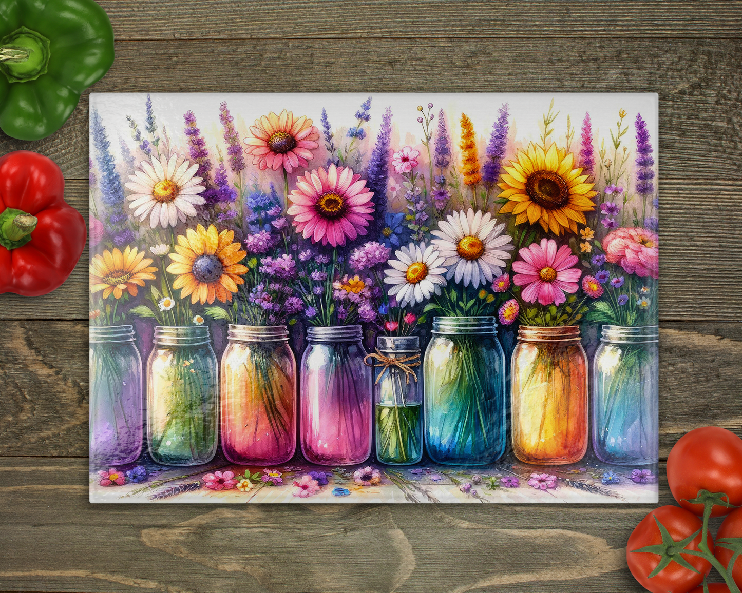 Jars of Flowers Glass Cutting Board