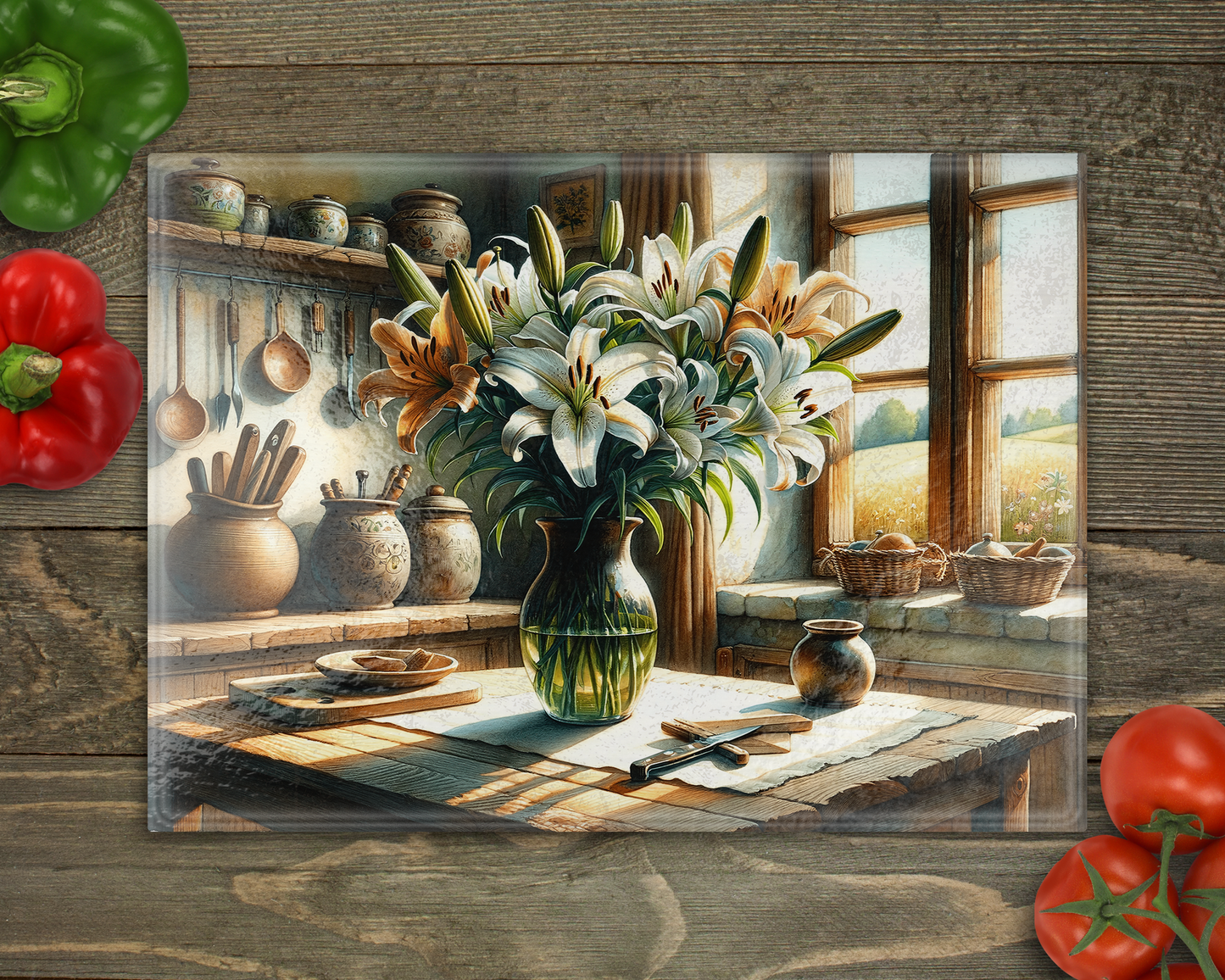 Lilies Farmhouse Glass Cutting Board