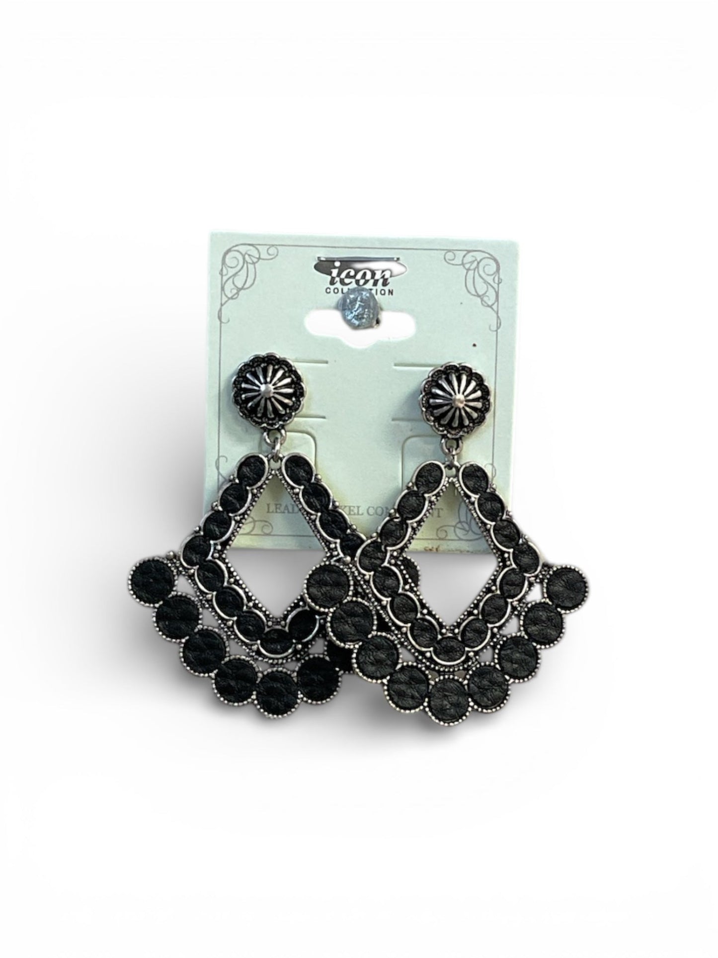BLACK SILVER LEATHER DIAMOND SHAPED EARRINGS