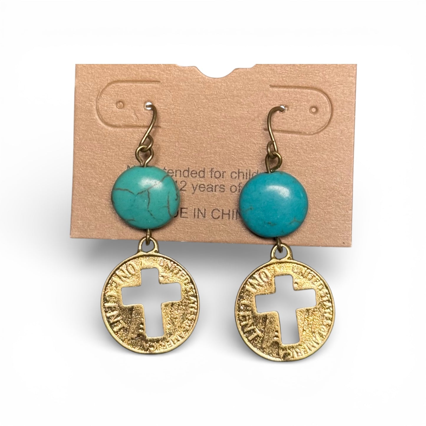 TURQUOISE STONE AND CROSS STAMPED PENNY EARRINGS
