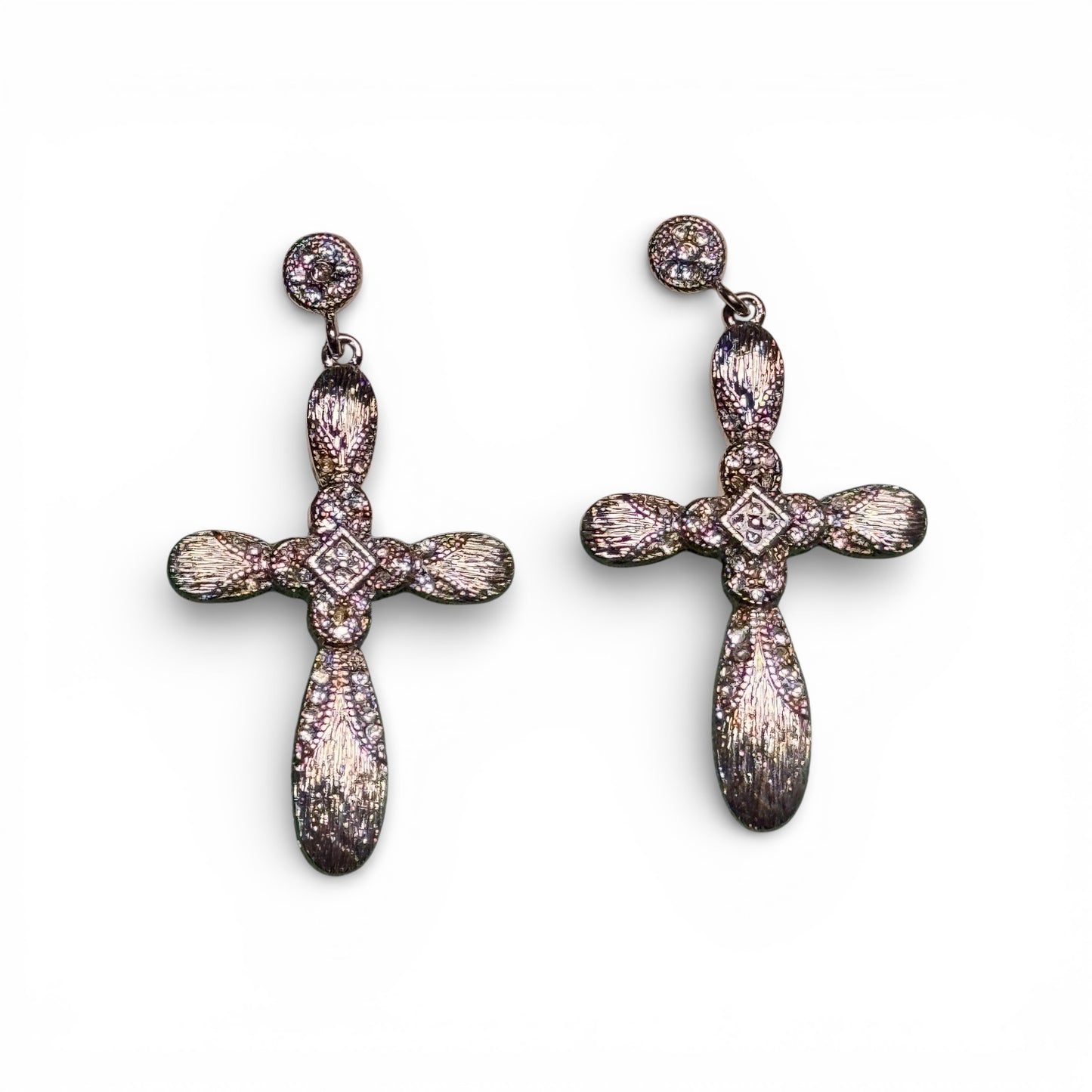 TEXTURED SILVER AND RHINESTONE CROSS EARRINGS