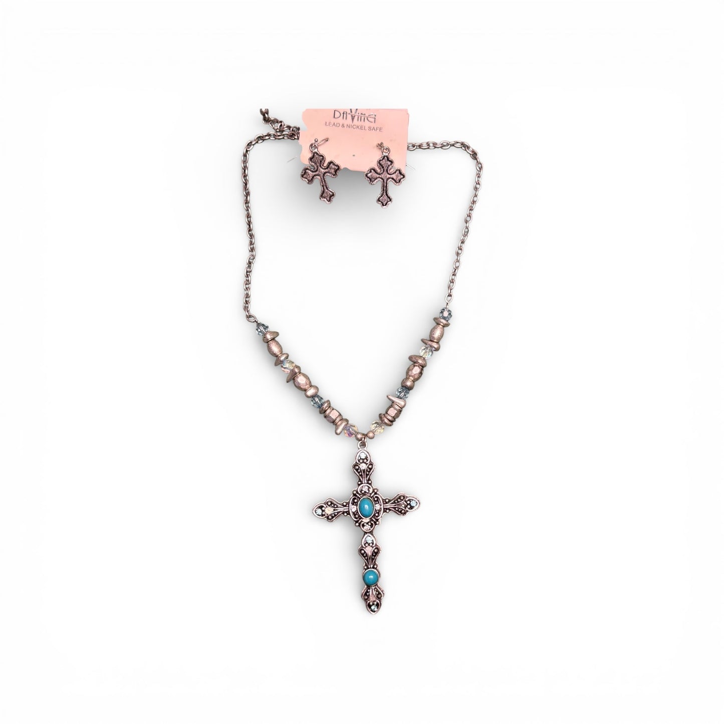 METAL AND GLASS BEAD CROSS NECKLACE