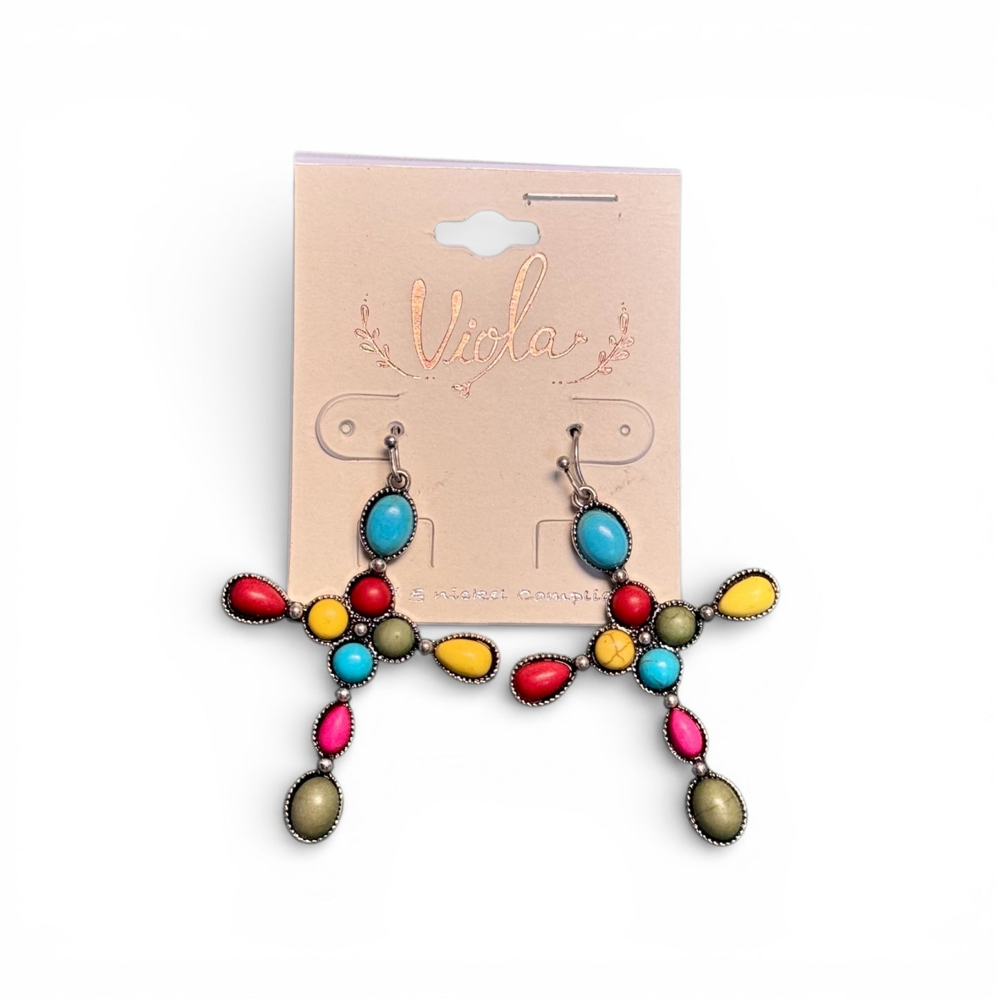 MULTICOLOR STONE CROSS EARRINGS