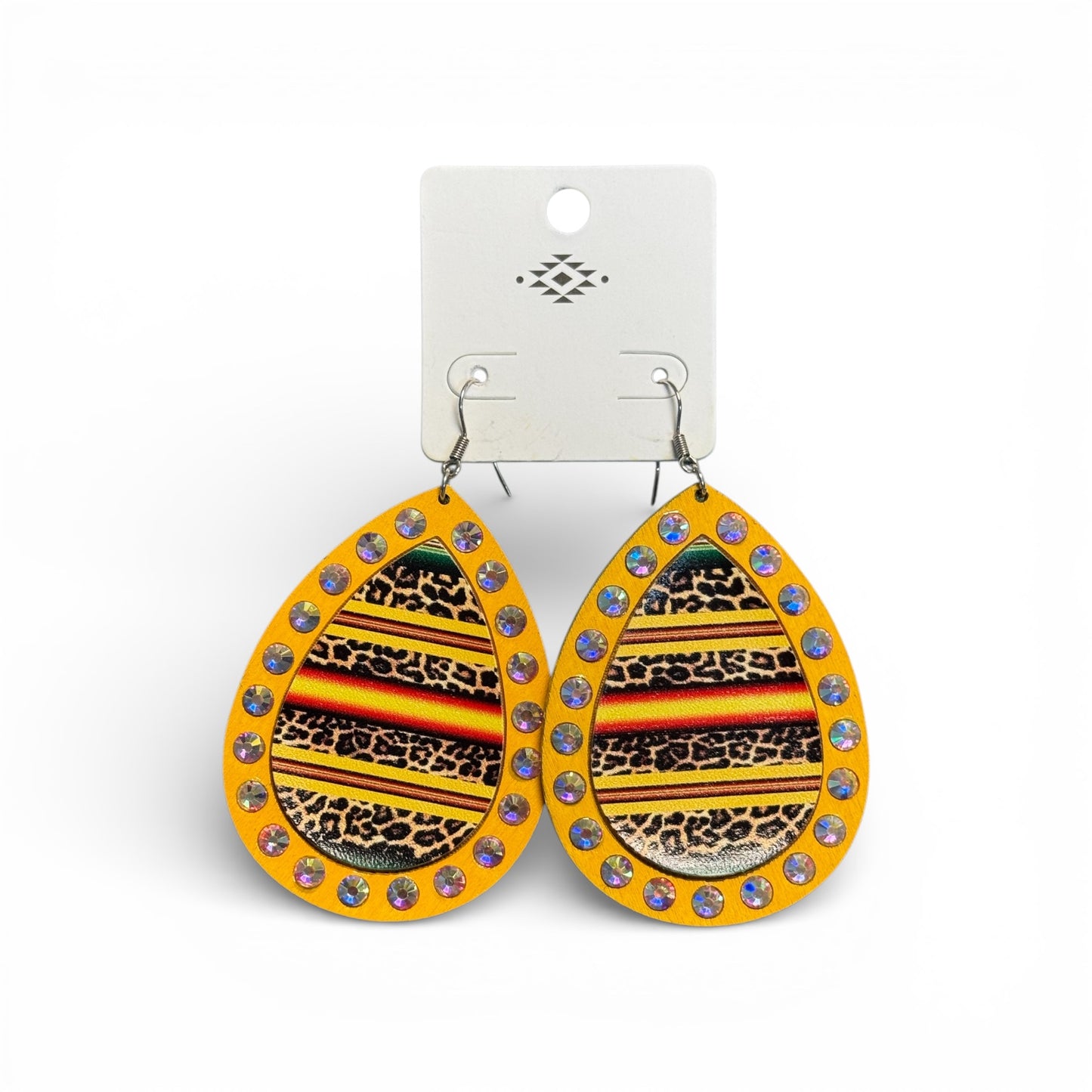 WOOD TEAR DROP EARRINGS WITH SPARKLE LEOPARD PRINT AND AB STONES