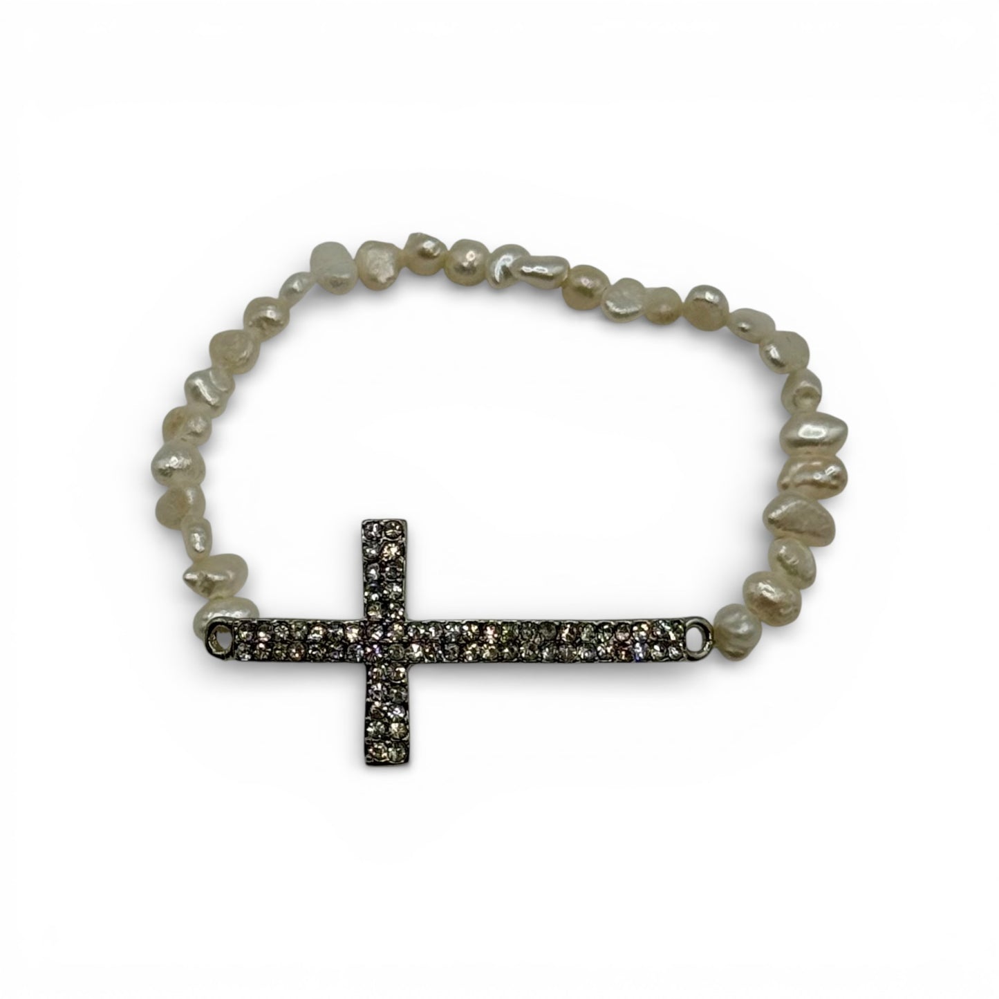 RHINESTONE CROSS WITH CREAM BEAD BRACELET