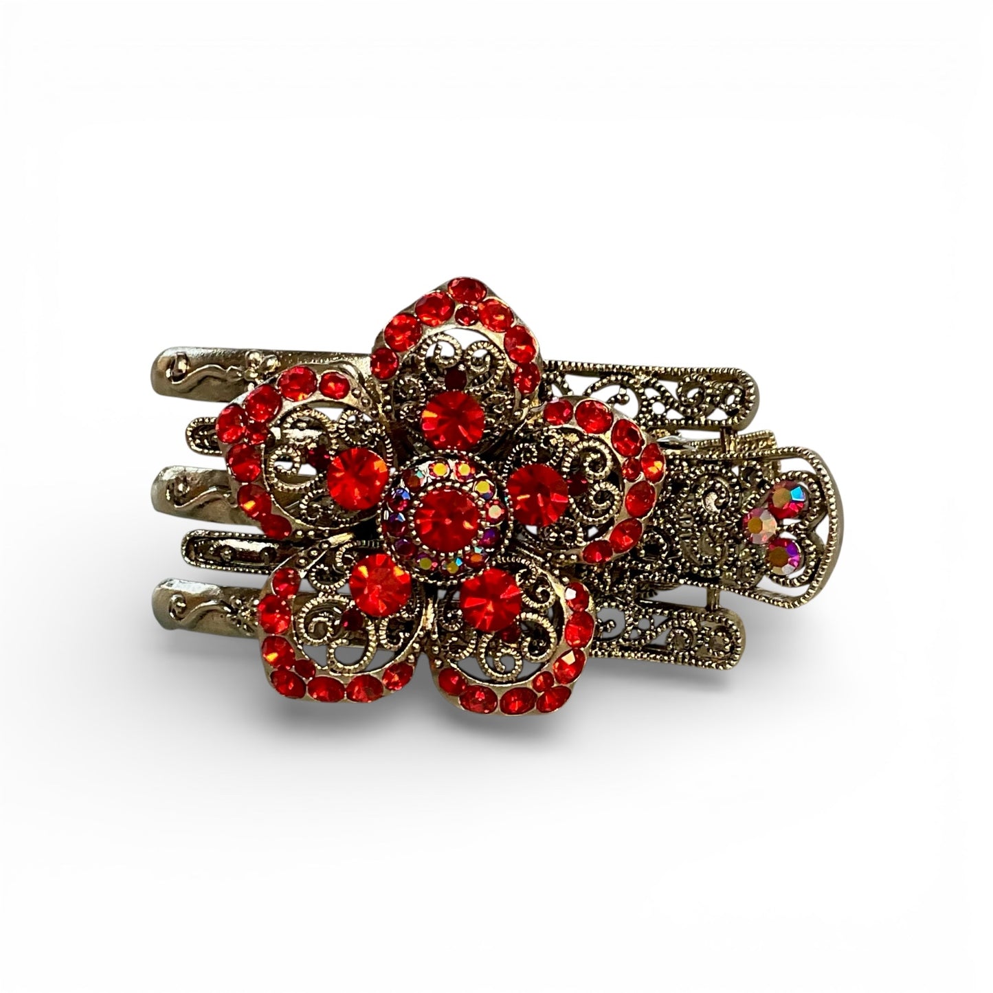 METAL FLAT STYLE HAIR CLIP FLOWER WITH RED RHINESTONES
