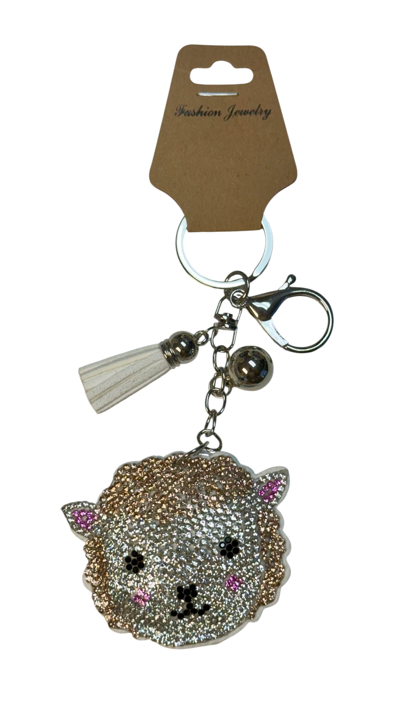 PUFF LAMB AND RHINESTONE KEYCHAIN