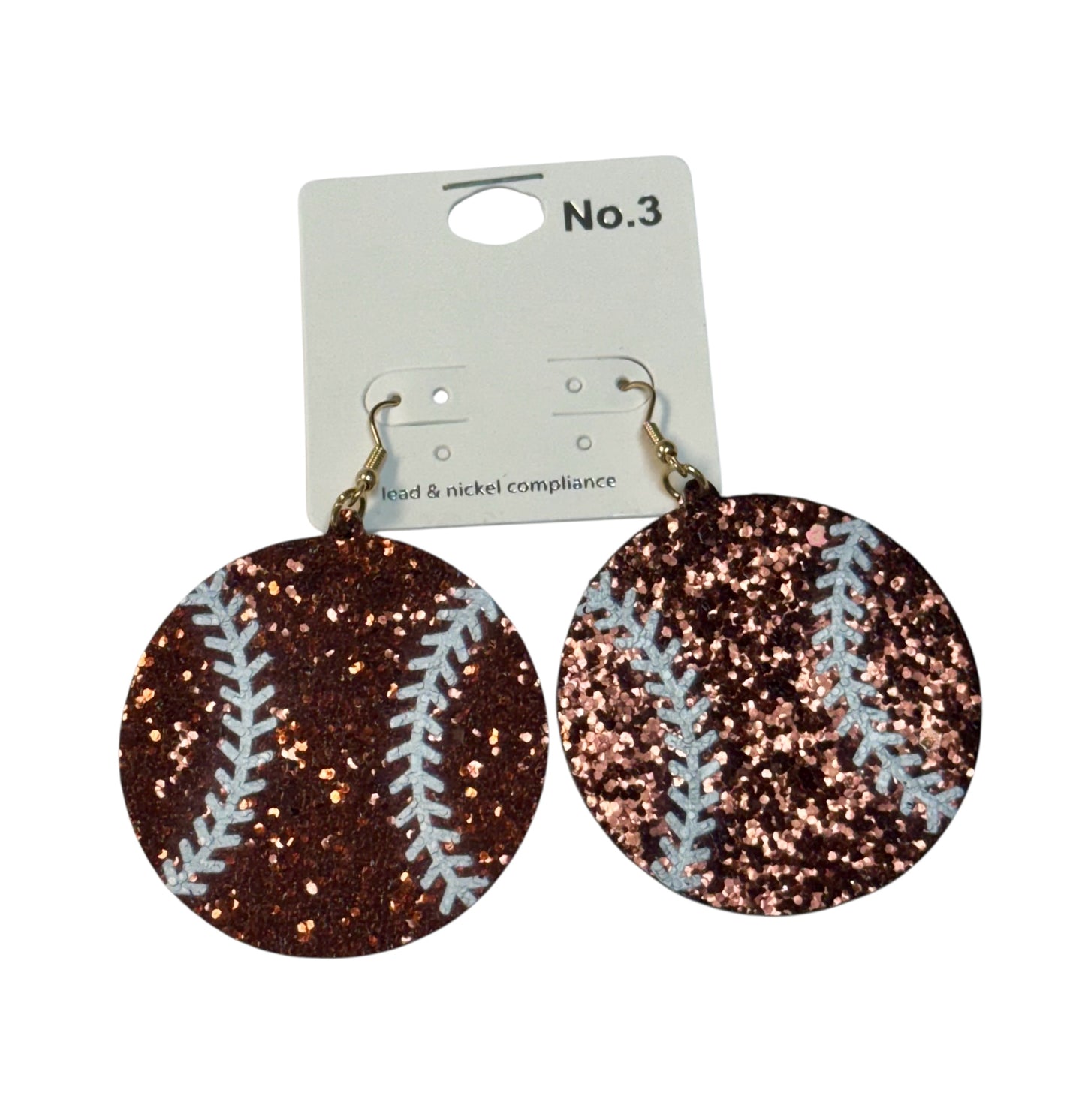 BROWN GLITTER BASEBALL EARRINGS