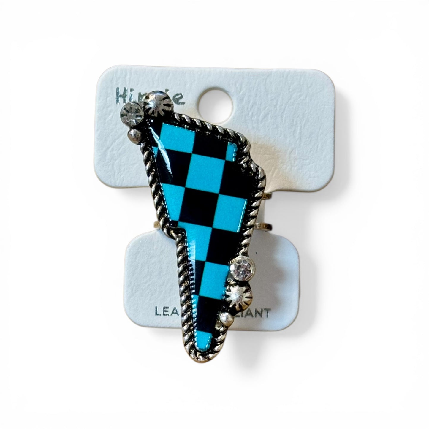 BLUE AND WHITE CHECKER LIGHTNING BOLT RING