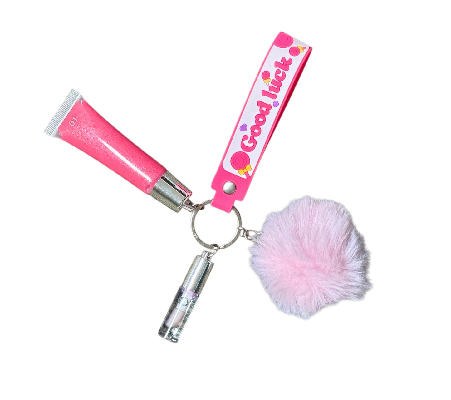 LIP GLOSS AND PUFF BALL KEYCHAIN
