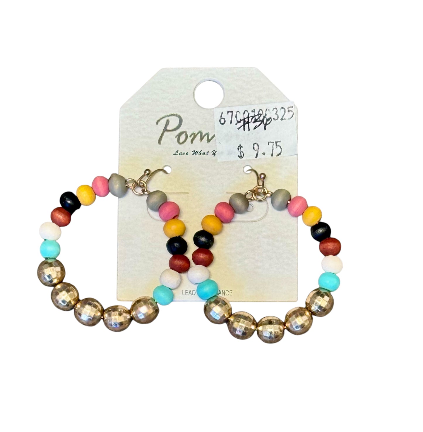 MULTICOLOR WOOD AND GOLD BEAD EARRINGS