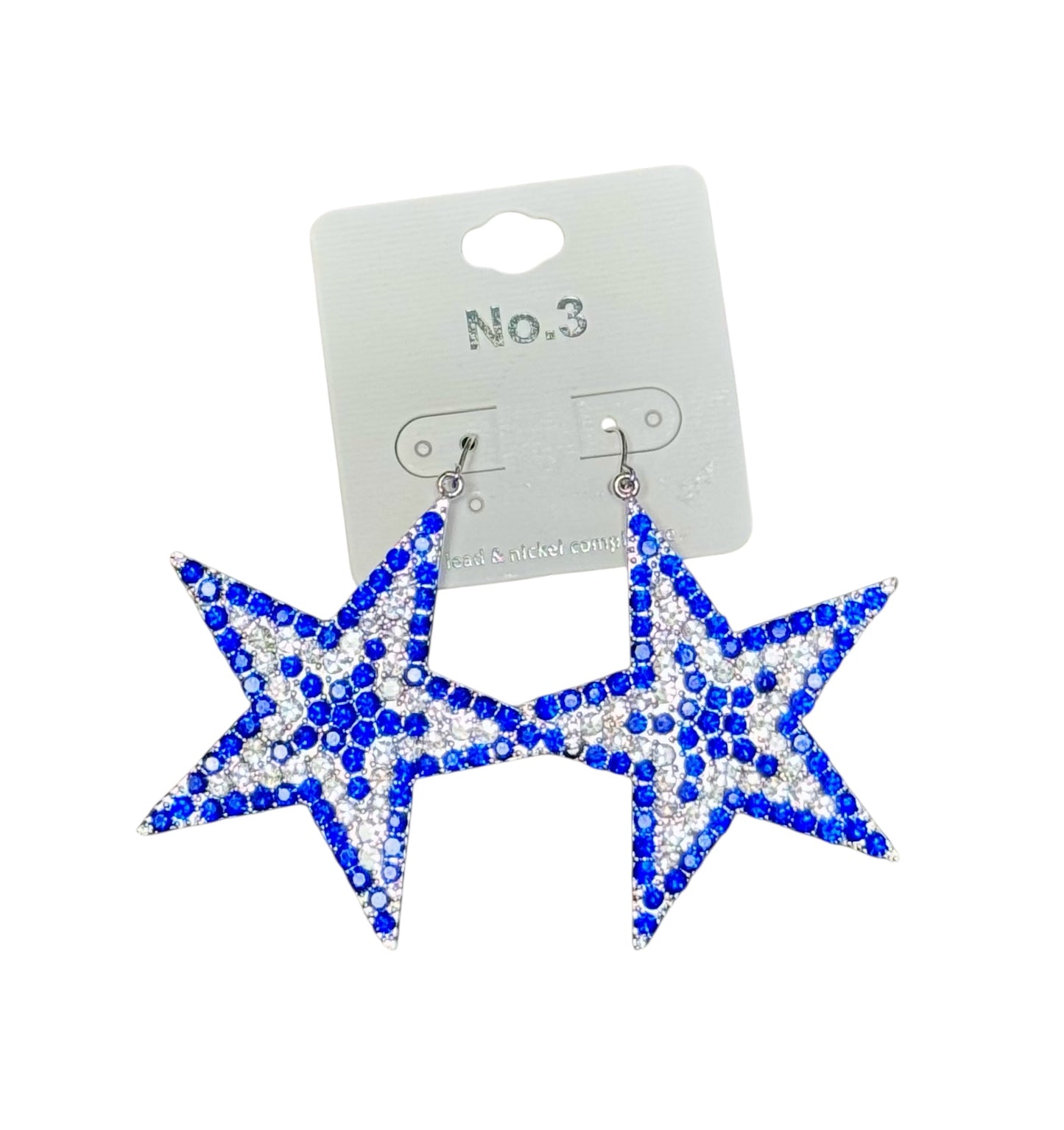 BLUE AND SILVER RHINESTONE STAR DANGLE EARRINGS