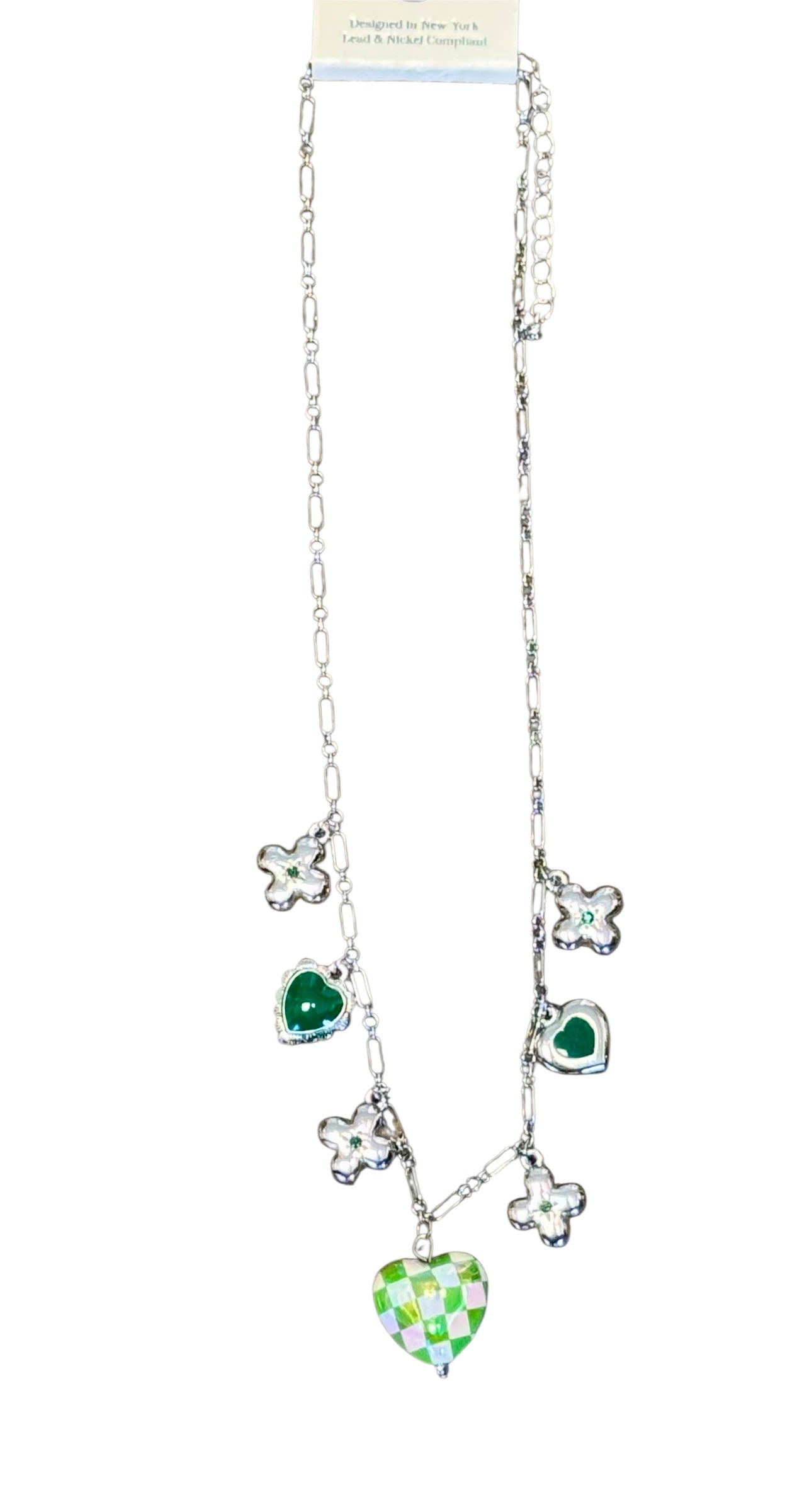 CLOVER AND CHECKERED HEART CHARM NECKLACE