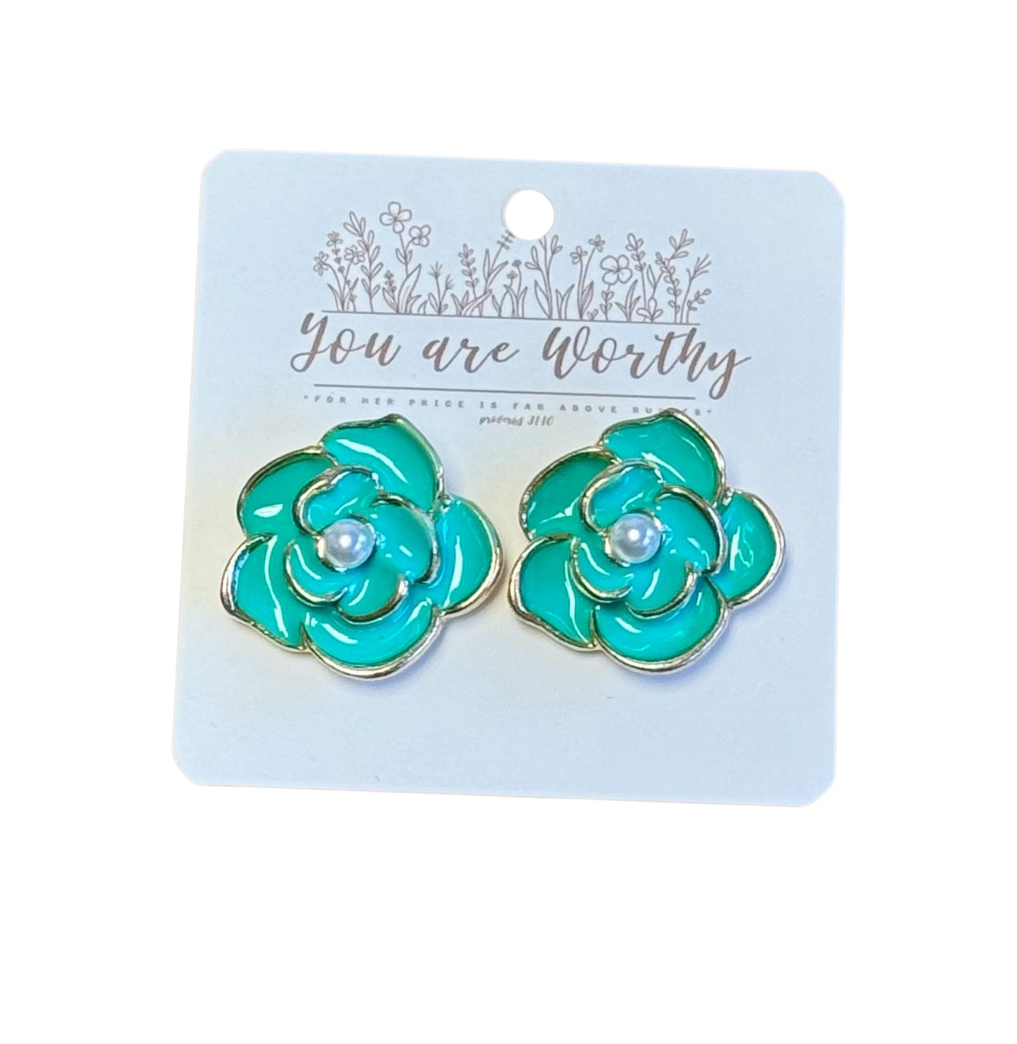 YOU ARE WORTHY GOLD TRIMMED FLOWER EARRINGS WITH PEARL