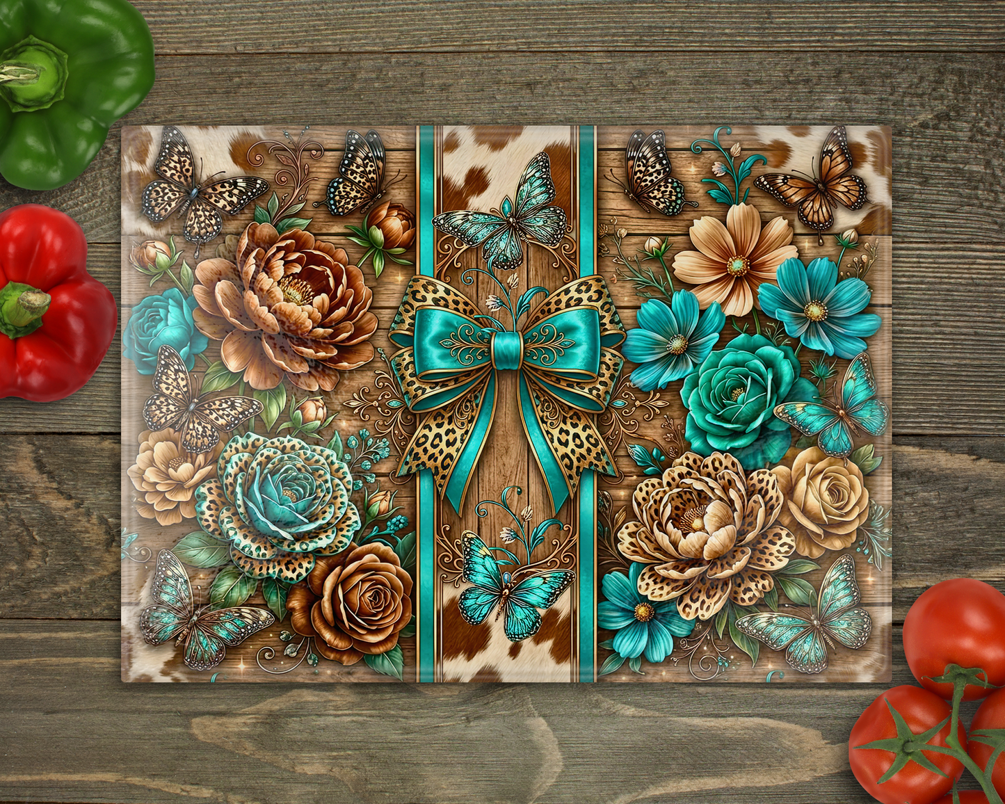 Teal Coquette Cow print Glass Cutting Board