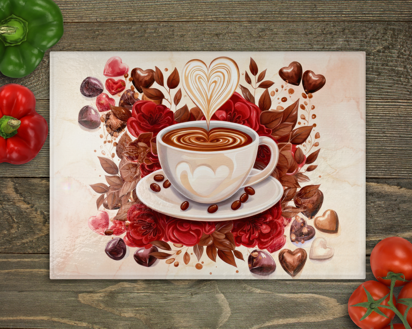 Coffee Hearts Glass Cutting Board