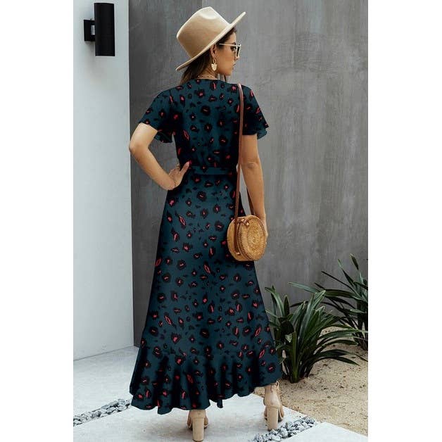 Allover Print High V Neck Low Wrap Dress