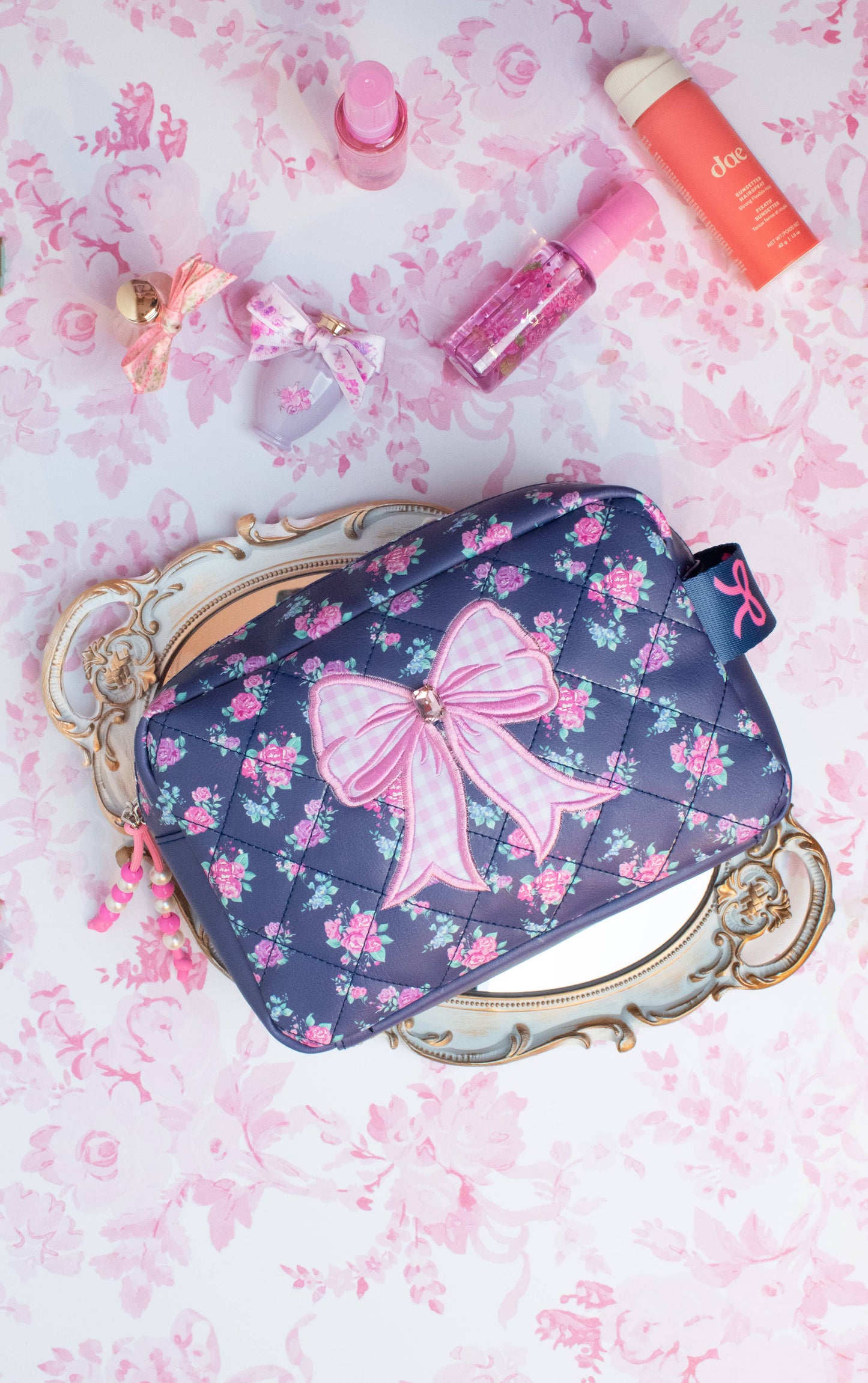 Quilted Bow Patched Floral Printed Pouch