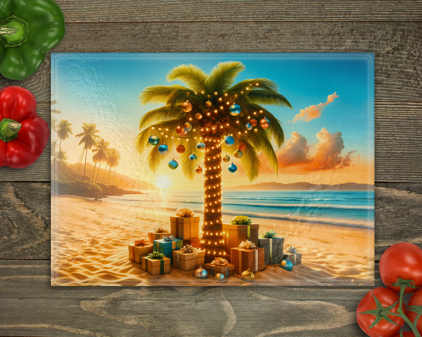 Beach Christmas Glass Cutting Board