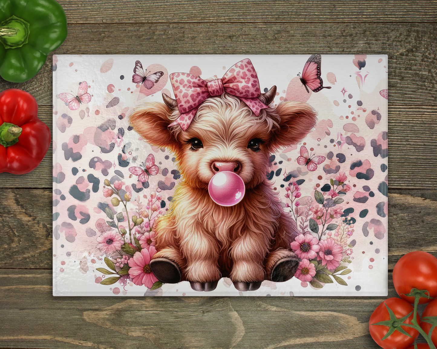 Bubblegum Highland Cow Glass Cutting Board