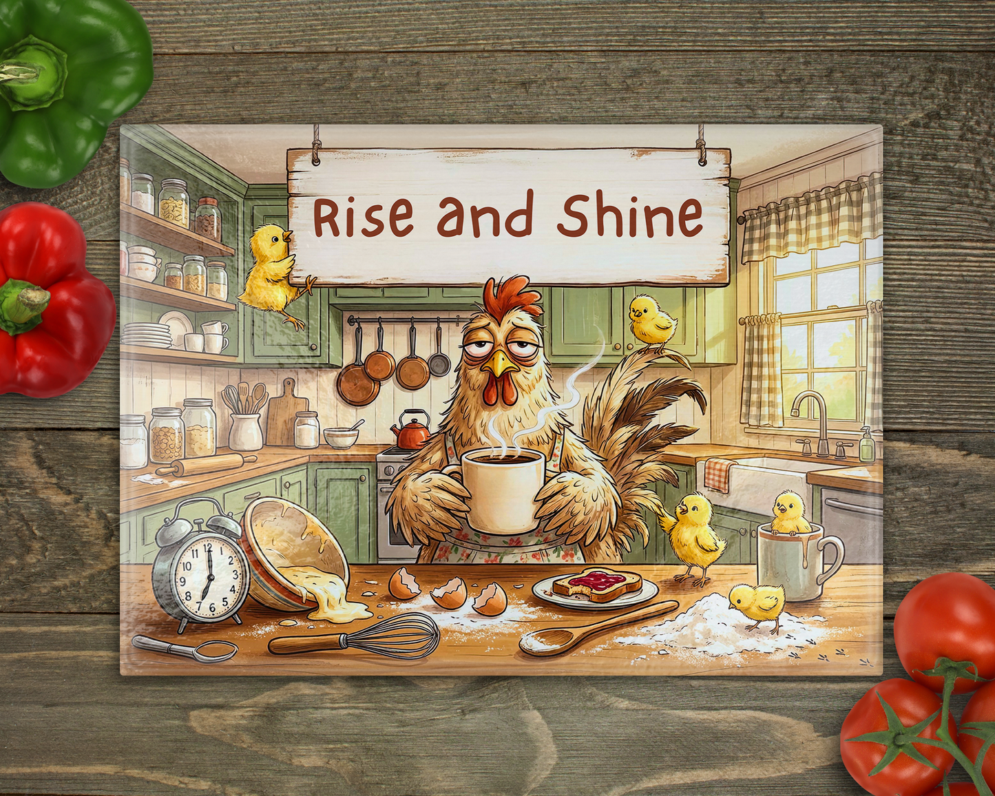 Chicken Rise and Shine Glass Cutting Board