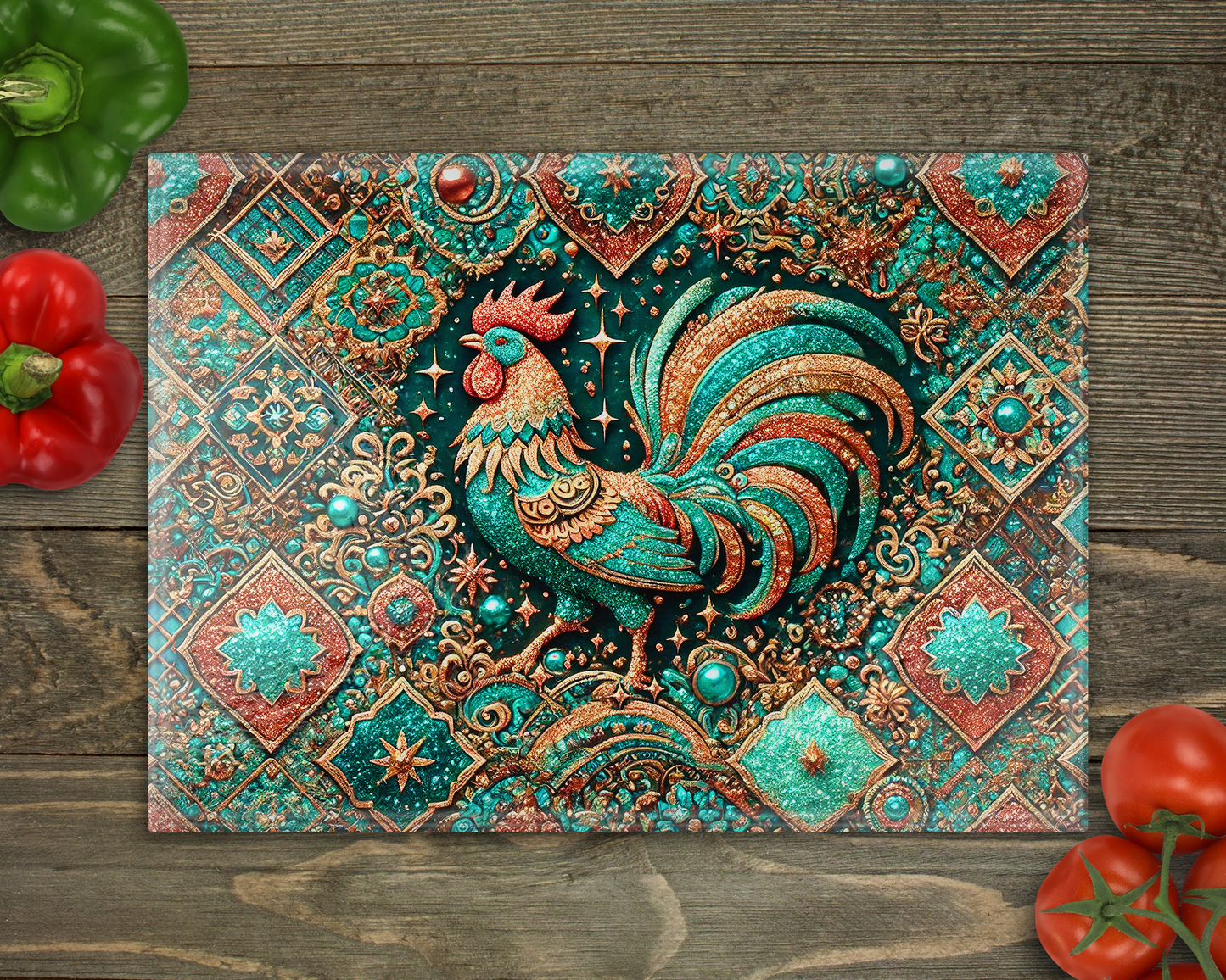 Copper Teal Rooster Glass Cutting Board