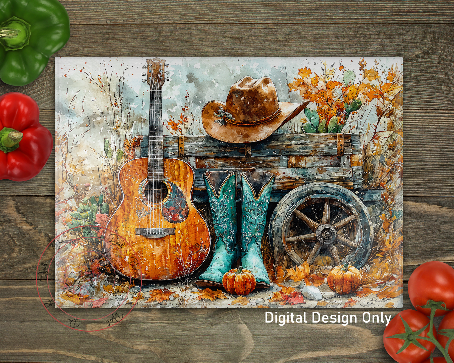 Cowgirl Guitar Glass Cutting Board
