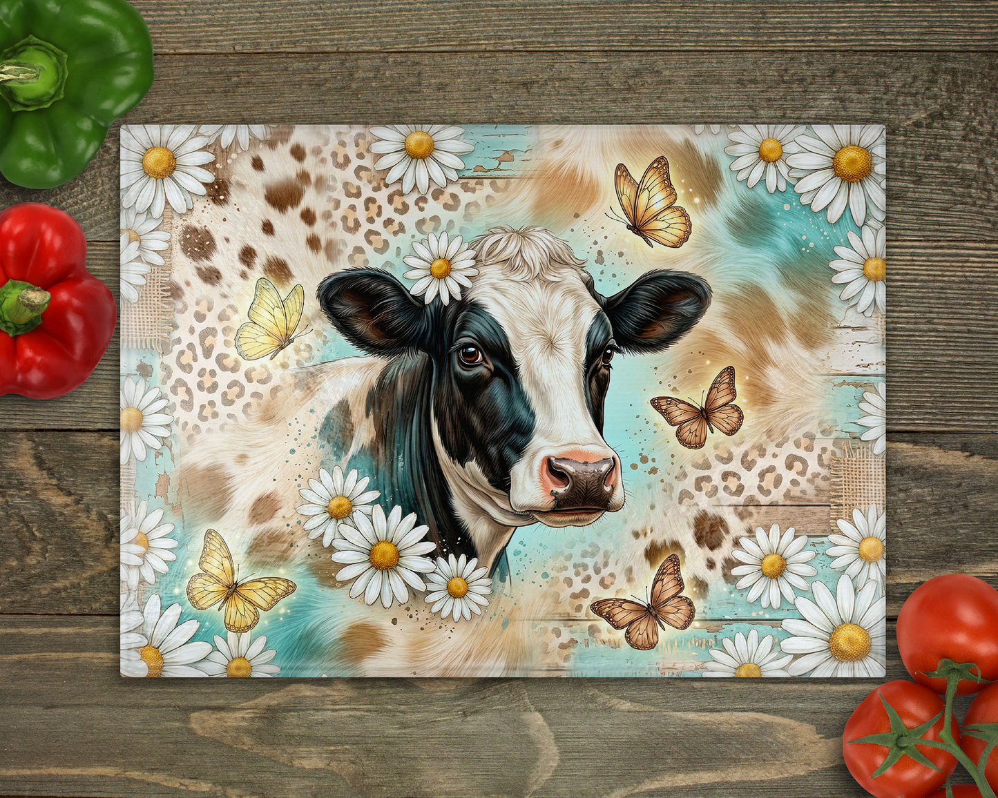 Dairy Cow Floral Glass Cutting Board