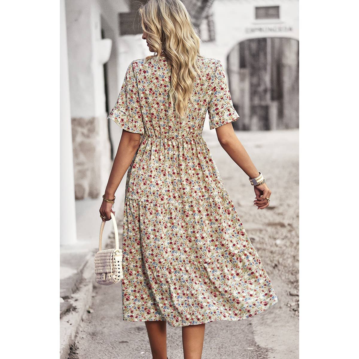 Boho Floral Ruffle Hem V Neck Short Sleeve Dress